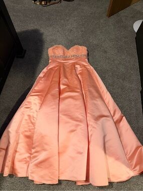 Strapless Peach Satin Prom Dress with Beaded Waist